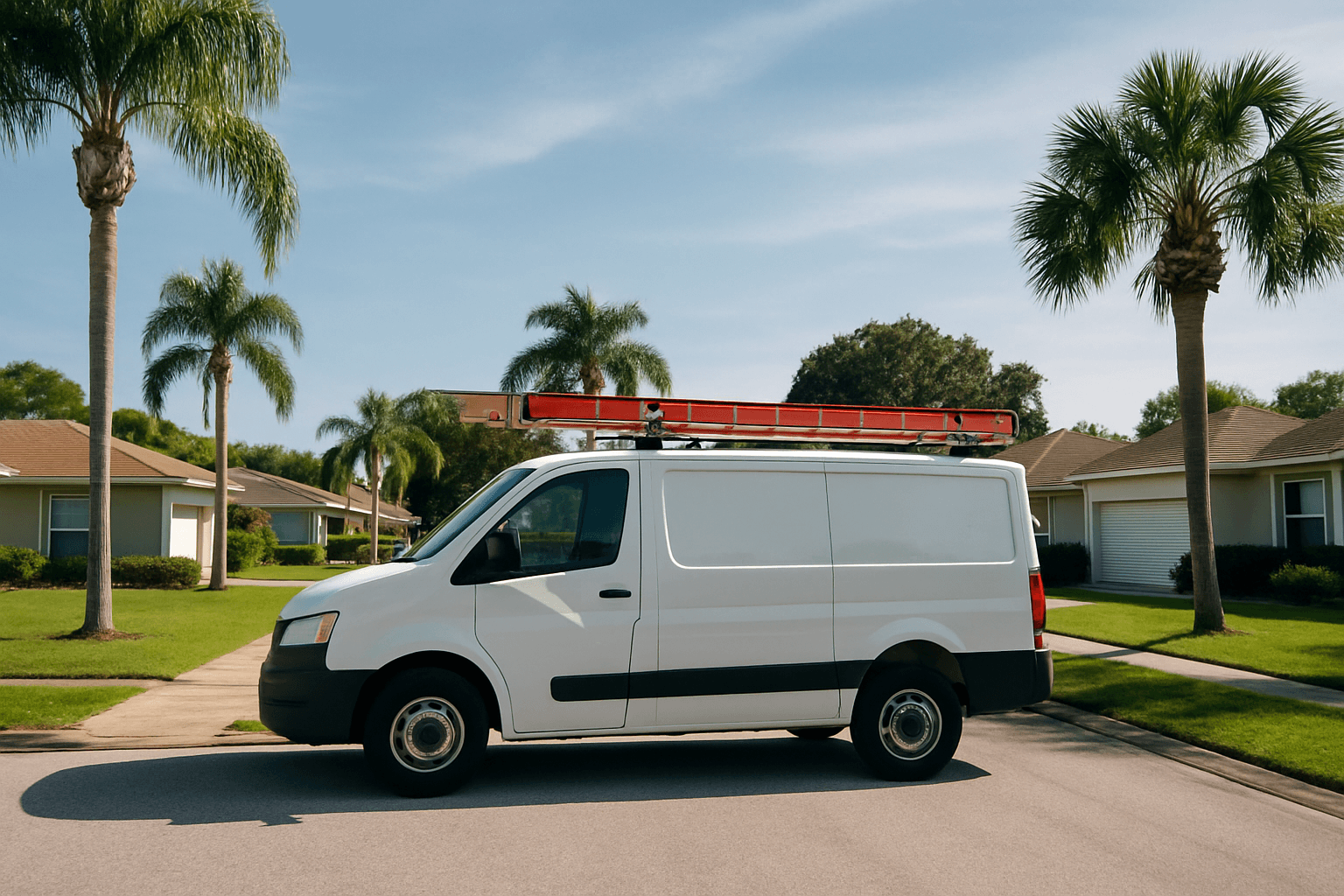 White service van with an orange ladder on the roof rack, parked on a sunny Florida residential street with palm trees