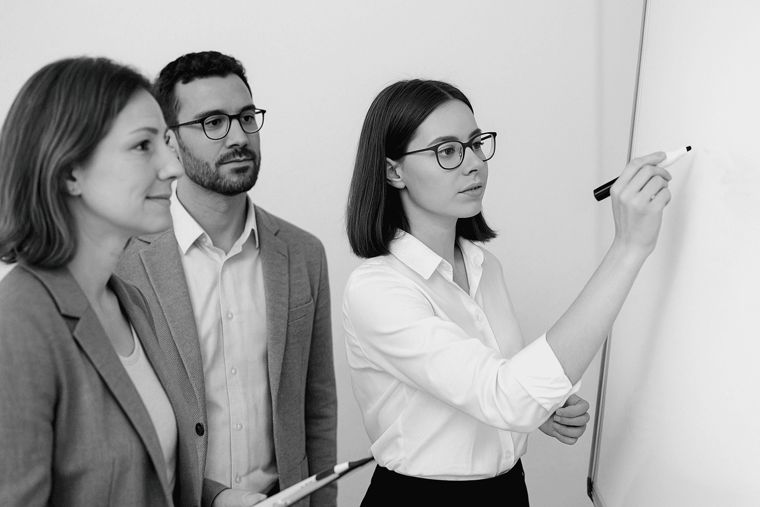 Three colleagues collaborating at a whiteboard in a bright office