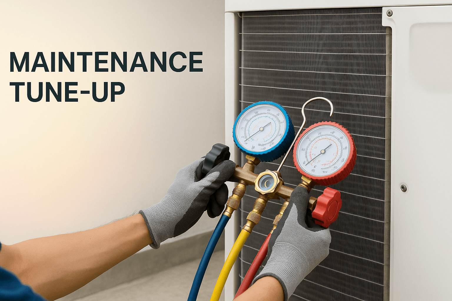 Technician in gloves using a manifold gauge set on an outdoor AC condenser during a tune-up